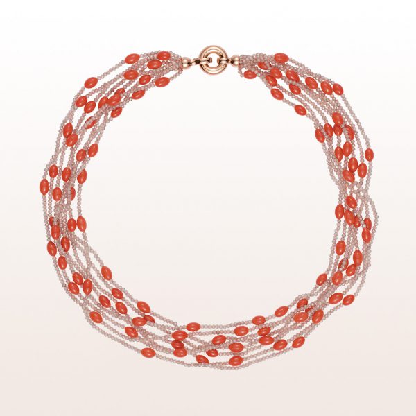 Necklace with coral, brown zircon and an 18kt rose gold clasp