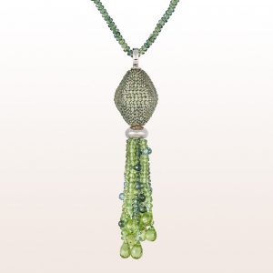 Pendant with green sapphire and peridot on a necklace of green sapphire and peridot with an 18kt white gold carabiner
