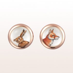 Hunting-themed cufflinks (rabbit, fox) of crystal quartz and mother of pearls in 18kt rose gold