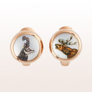 Manschettenknöpf mit Wildmotiven (Gams, Hirsch) aus Bergkristall und Perlmutt in 18kt Gelbgold