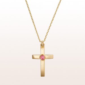Cross-pendant with rubellite cabochon in 18kt yellow gold
