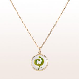 Pendant with mistletoe on crystal quartz and mother of pearl in 18kt white gold