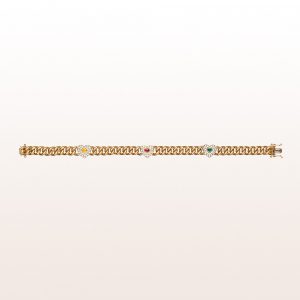 Panzerarmband mit gelbem Saphir 0,14ct, Rubin 0,13ct, Smaragd 0,11ct und Brillanten 0,77ct in 18kt Gelbgold