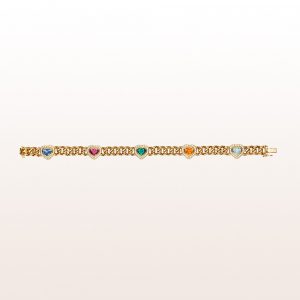 Curb chain bracelet with pink and blue hearts in sapphire, emerald, aquamarine and citrine with brilliant cut diamonds in 18kt yellow gold