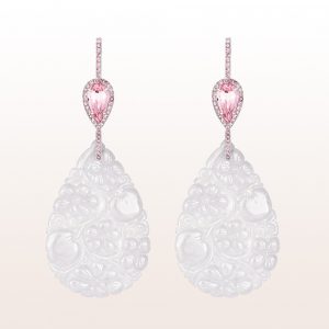 Earrings with pink jade, morganite drops 5,04ct and pink sapphire 1,11ct in 18kt white gold