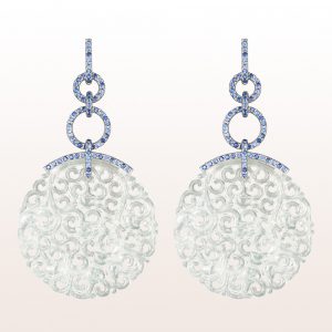 Earrings with white jade and sapphire 2,62ct in 18kt white gold