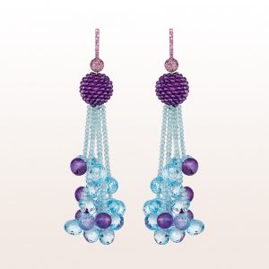 Earrigs with pink sapphire 0,59ct, amethyst, topaz, aquamarine in 18kt white gold