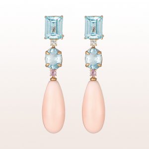 Earrings with aquamarine 12,50ct, topazes 0,16ct, pink sapphire 0,16ct and coral drops in 18kt yellow gold