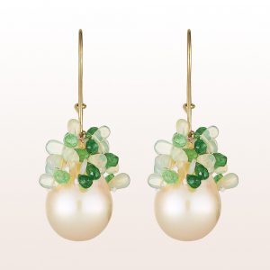 Earrings with baroque pearls, tsavorite and opal on 18kt yellow gold hooks