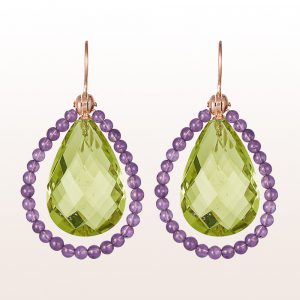 Earrings with green-yellow quartz drops and amethyst on18kt rose gold hooks