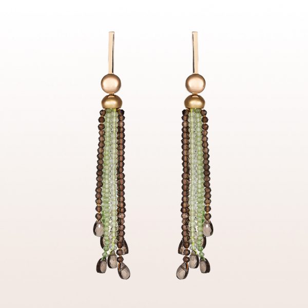Earrings with peridot and smoky quartz in 18kt yellow gold