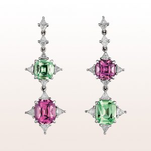 Earstuds with tsavorites 4,82ct, pink spinels 5,90ct and triangel diamonds 1,43ct in 18kt white gold