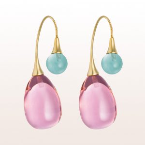 Ohrgehänge mit Prasiolithen und Rosenquarze in 18kt Gelbgold
