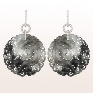 Earrings with grey jade and diamonds 0,87ct in 18kt white gold