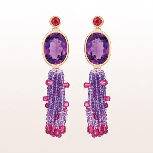 Earrings with rubellite and amethyst in 18kt yellow gold