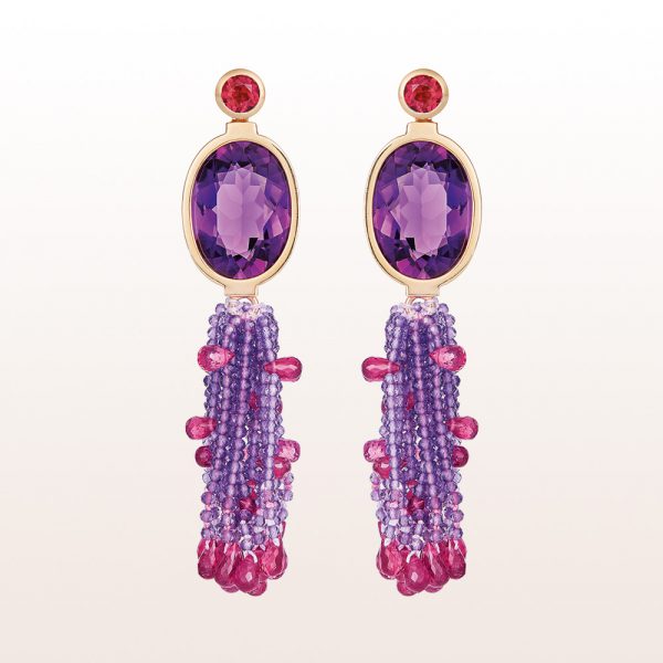 Ohrgehänge mit Rubellit und Amethyst in 18kt Gelbgold