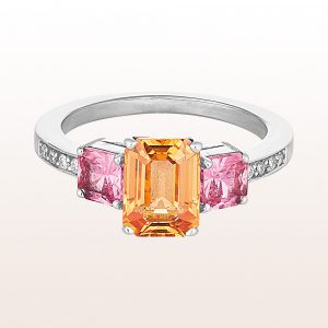 Ring mit orangem Saphir 2,02ct und rosa Saphiren 1,02ct und Brillanten 0,07ct i 18kt Weißgold