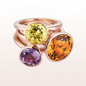 Ring-collection with green beryl 2,87ct, citrine 6,45ct and amethyst 2,53ct in 18kt rose gold