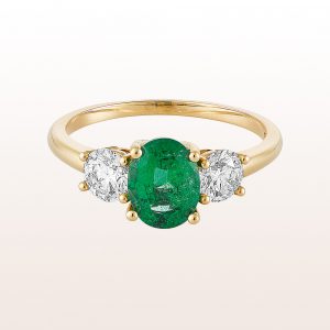 Ring with emerald 0,88ct and brilliant cut diamonds 0,73ct in 18kt yellow gold