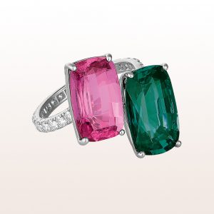 Ring with blue-green tourmaline 5,70ct, rubellite 5,25ct and brilliant cut diamonds 0,66ct in 18kt white gold