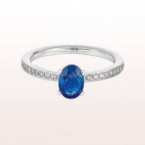 Ring with sapphire 0,79 and brilliant cut diamonds 0,16ct in 18kt white gold