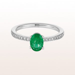 Ring with emerald 0,68ct and brilliant cut diamonds 0,16ct in 18kt white gold