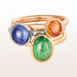 Sammelrige mit Mandaringranat 1,13ct, Tansanit Cabouchon 1,77ct und Tsavorit Cabouchon in 18kt Rosé-, Weiß- und Gelbgold