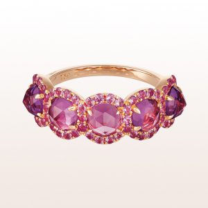 Ring with amethyst and pink sapphire 3,16ct in 18kt rose gold