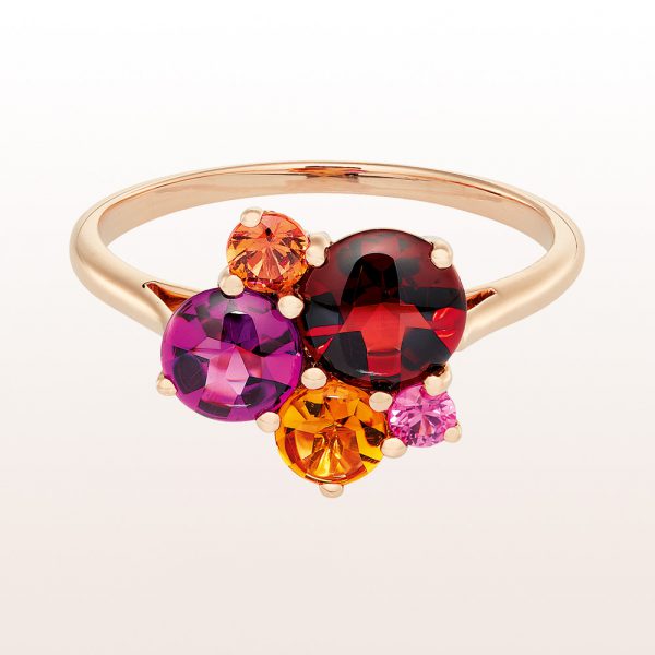 Ring mit Granat, Rhodolith, Citrin, orangem und rosa Saphir in 18kt Roségold