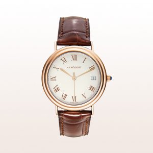 Köchert watch in 18kt rose gold with cream-coloured dial, red golden hands, sapphire crown and a brown alligator-strap