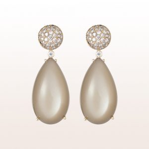Earrings with brown brilliants 1,02ct and brown moon stone drops in 18kt rose gold
