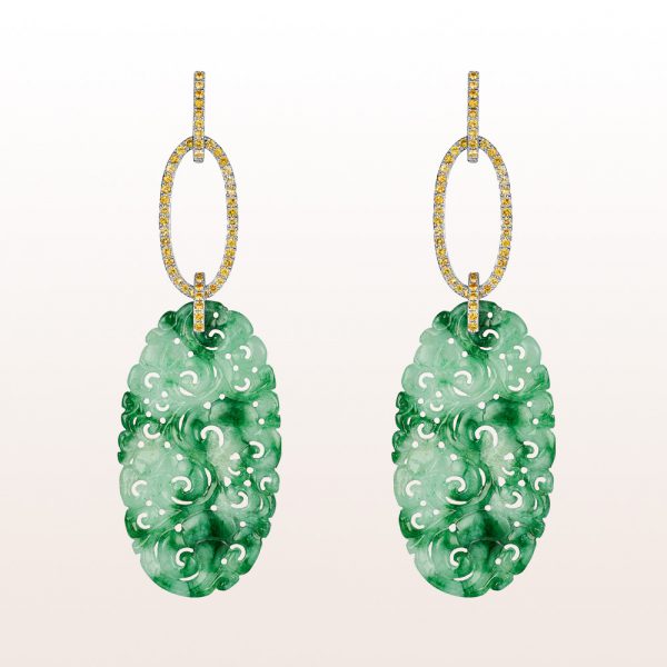 Earrings with yellow sapphire 1,21ct and green jade in 18kt white gold