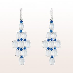 Earrings with white moonstones 34,22ct, sapphire 2,33ct and brilliants 0,20ct in 18kt white gold