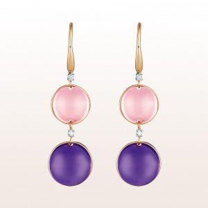 Ohrgehänge mit Rosenquarz und Amethyst Cabouchon und Brillanten 0,08ct in 18kt Gelbgold