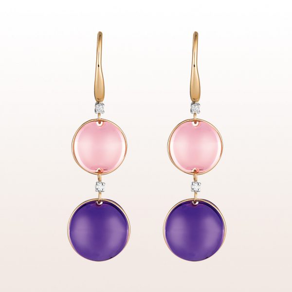 Earrings with rose quartz, amethyst and brilliants 0,08ct in 18kt yellow gold
