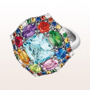 Ring with aquamarine 2,90ct, amethyst 0,31ct, peridot 0,27ct, ruby 0,24ct, muli-coloured sapphire 2,14ct, tsavourite 0,57ct and brilliants 011ct in 18kt white gold