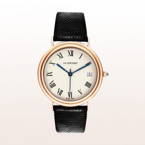 Köchert Uhr aus 18kt Roségold mit crémefarbenem Ziffernblatt, blauen Zeigern, Saphirkrone und schwarzem Eidechsen-Uhrband