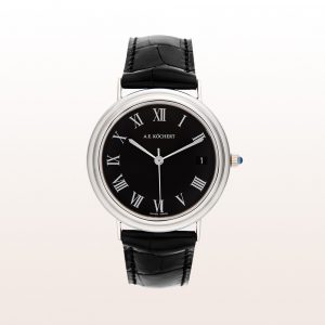 Köchert whatch in 18kt white gold with a black dial, white hands, sapphire crown and a black alligator band
