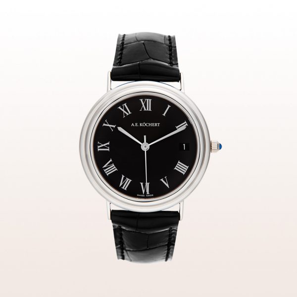 Köchert whatch in 18kt white gold with a black dial, white hands, sapphire crown and a black alligator band