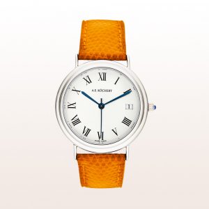 Köchert watch in 18kt white gold with white dial, blue hands, sapphire crown and orange strap