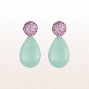 Earrings with green calcite and pink sapphire 1,23ct in 18kt white gold