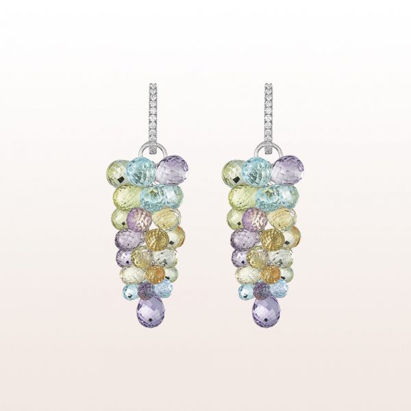 Earrings with brilliants 0,34ct, amethyst, citrine and green beryll in 18kt white gold