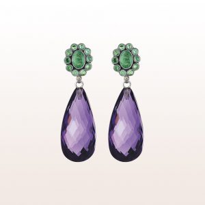 Earrings with emerald and amethyst drops in 18kt white gold