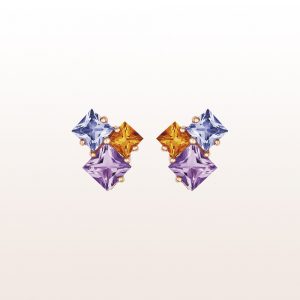 Earrings with amethyst, ioloites and citrines in 18kt rose gold