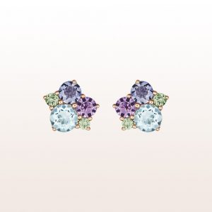 Earrings with topazes, amethysts, iolites and tsavorit in 18kt rose gold