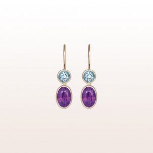 Earrings with aquamarine 0,66ct and rhodolite 3,70ct in 18kt yellow gold