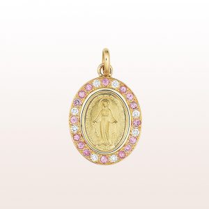 Pendant with a Madonna (14mm) with pink sapphire 0,29ct and diamonds 0,10ct in 14kt yellow gold