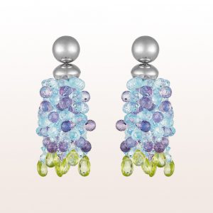 Ear studs with topaz, amethyst, peridote in 18kt white gold