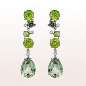 Ear studs with prasiolite, peridote, green tourmaline and brilliants 0,12ct in 18kt white gold