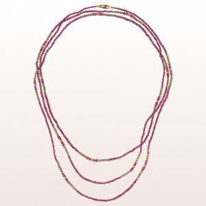 Necklace with red spinel, brown zircon, golden spheres and an 18kt yellow gold clasp